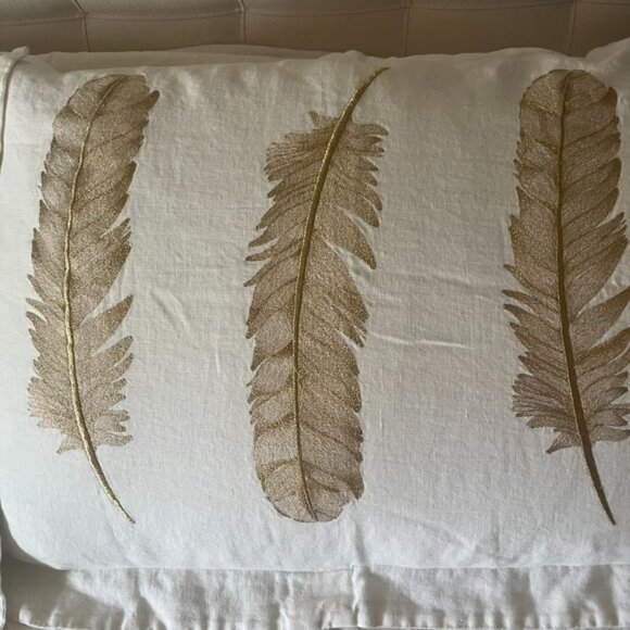 Orchids Casa By Dann Foley Queen Duvet Set Gold Feather Design 100% Linen - Picture 4 of 6